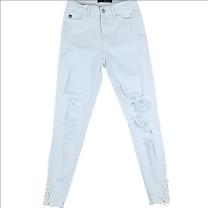 Kancan Mid-Rise Skinny Embroidered Crochet Ankle Raw Hem Distressed Whit…